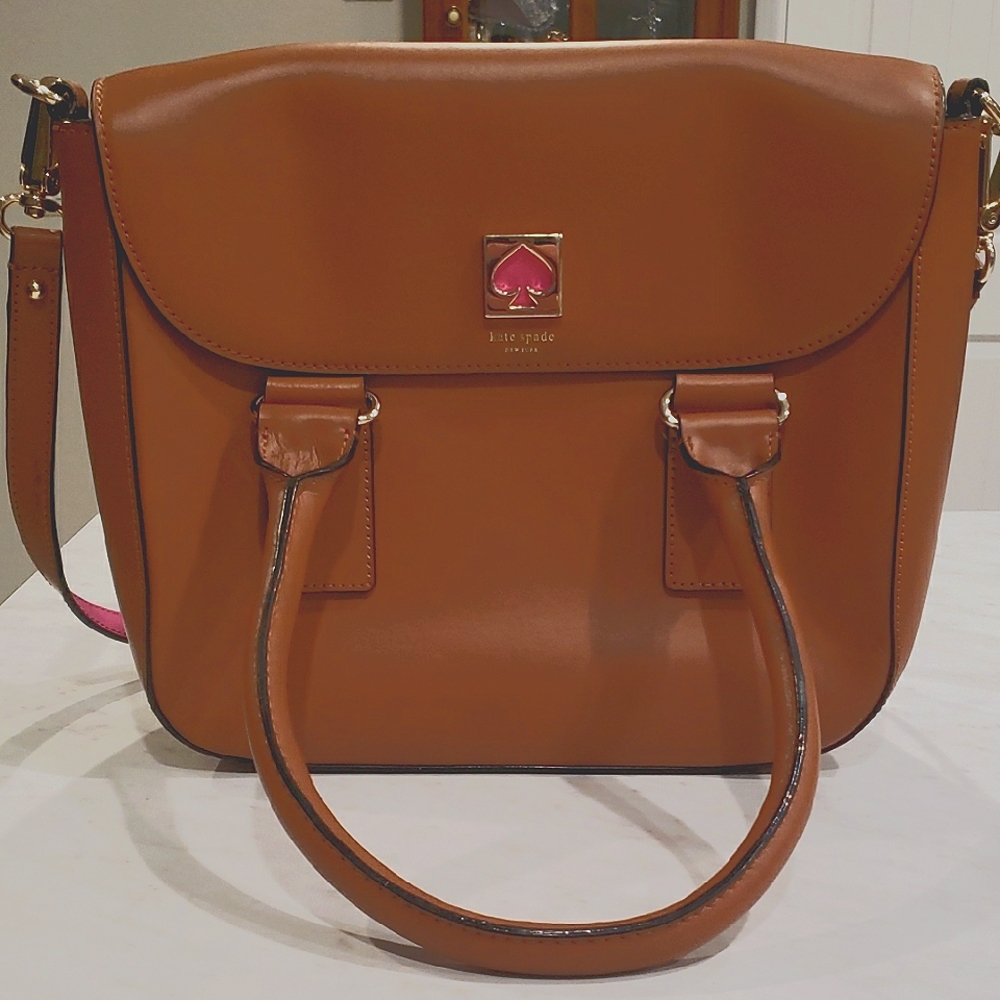 Kate Spade ♠️ Brown & Pink Leather Satchel Crossbody Bag 11"W × 10.5"H